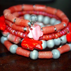 Orange and Gray Animal Heishi Beaded Wrist Wrap Memory Wire Cuff Bracelet